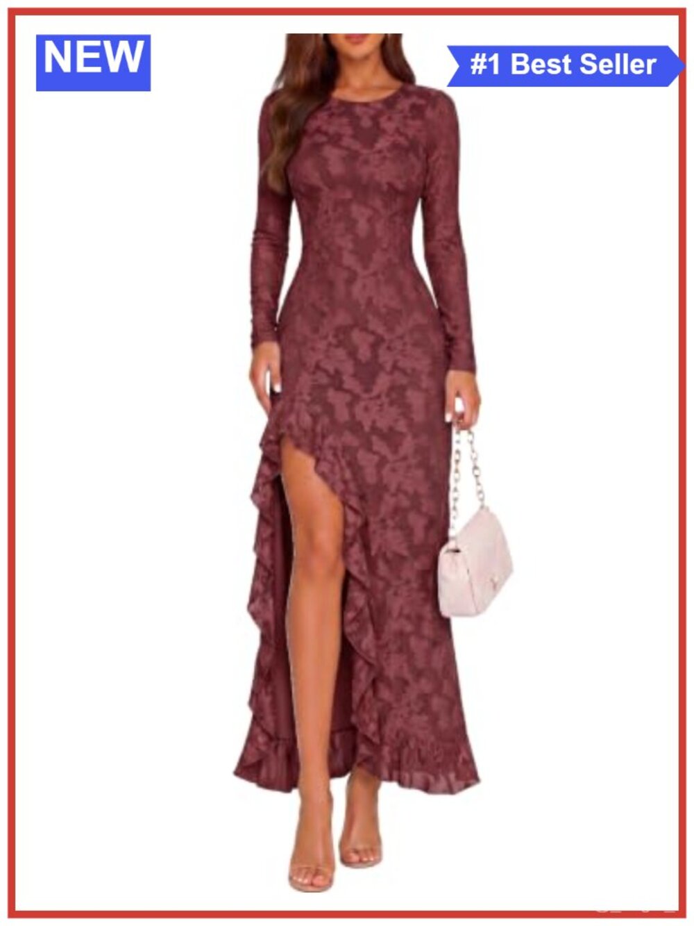 BORIFLORS Long Sleeve Mesh Bodycon Maxi Dress High Slit Formal